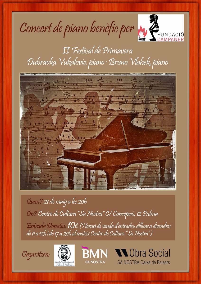 fundcampaner's tweet photo. Dijous 21 te lloc a Palma el 2n Festival de Primavera.
Concert benèfic a càrrec de Dubravka Vukalovic i Bruno Vlahek. http://t.co/EUSvSj5SoS