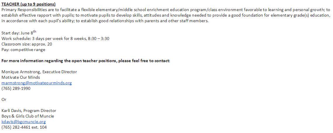 WhitelyCC's tweet photo. #Muncie AIM, summer hiring for teachers... http://t.co/83d8cAYXpG
