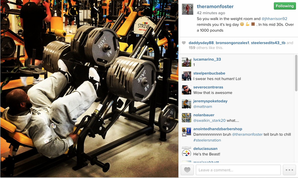 ESPNNFL's tweet photo. . @Steelers LB James Harrison is 37 years old and on leg day he's pushing up 1000 pounds.

#Beast #NoOffSeason http://t.co/KEsyG1B30j
