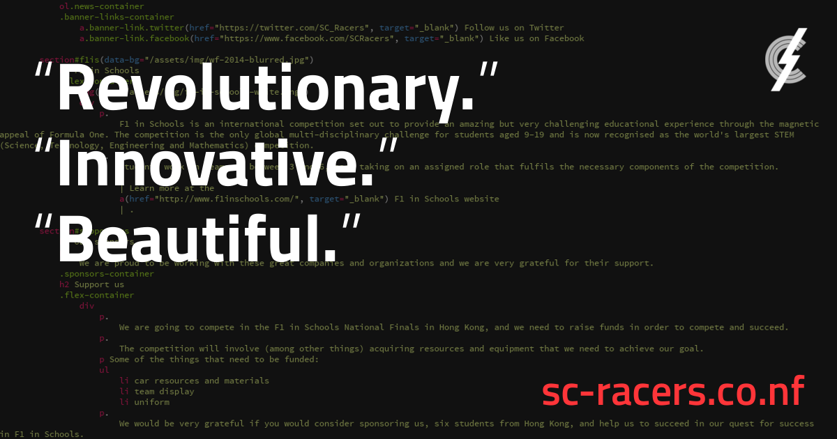 SC_Racers's tweet photo. These are just a few of the things we are saying about our new website. http://t.co/bFNHLE1gTC #F1inSchools http://t.co/TgWrsqOraF