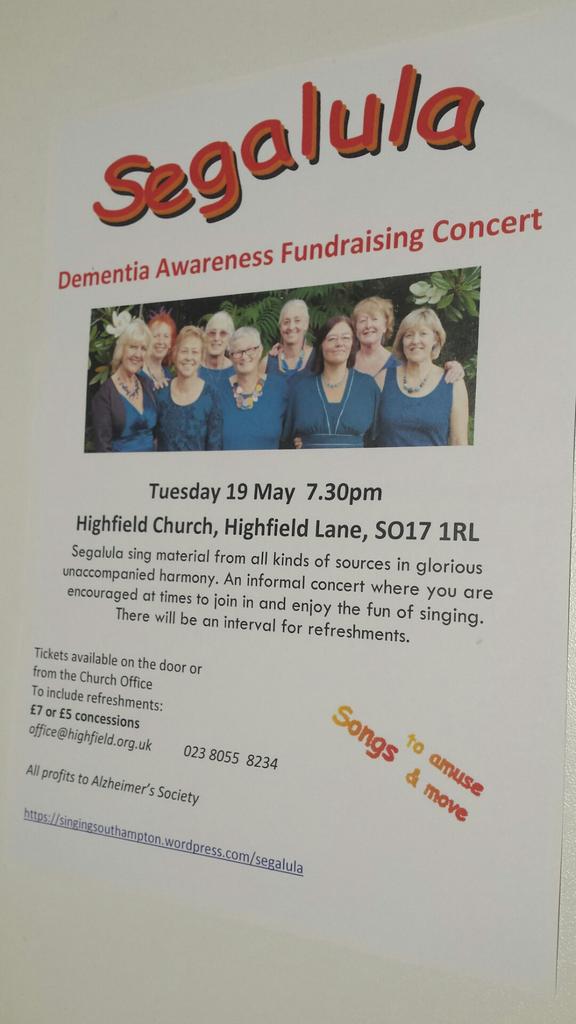 DFPortswood's tweet photo. Segalula concert in aid of @alzheimerssoc &amp; to raise awareness of dementia; all welcome #DAW2015 @AlzSocCWEngland http://t.co/vRSFjzQqjP