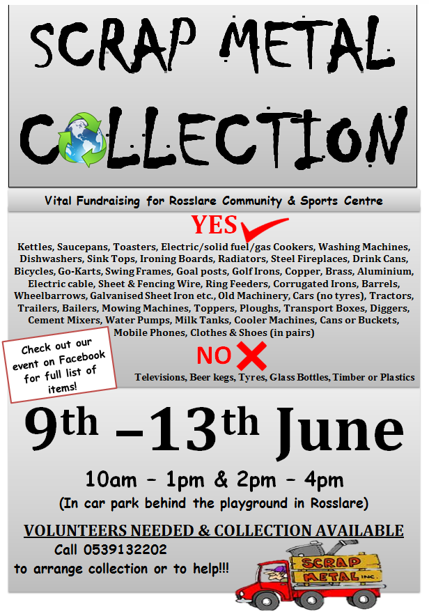 Rosslare1's tweet photo. June Scrap Metal Week Tues 9th–Sat 13th June 10am–1pm &amp; 2pm–4pm daily behind the playground in Rosslare. 0539132202 http://t.co/V6eNlWUqNG