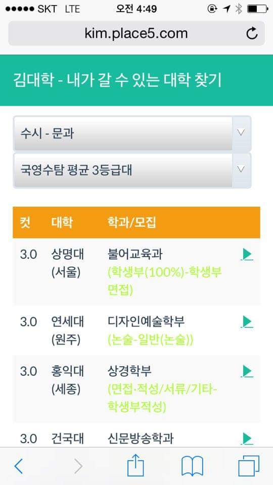 seopffler's tweet photo. 자기성적에 어느 대학 갈 수 있는지 알 수 있는 사이트라네요.
고3븉분들 사용해보세욤~
http://t.co/PmcC5Hu703 http://t.co/yJWP1M2XU4
