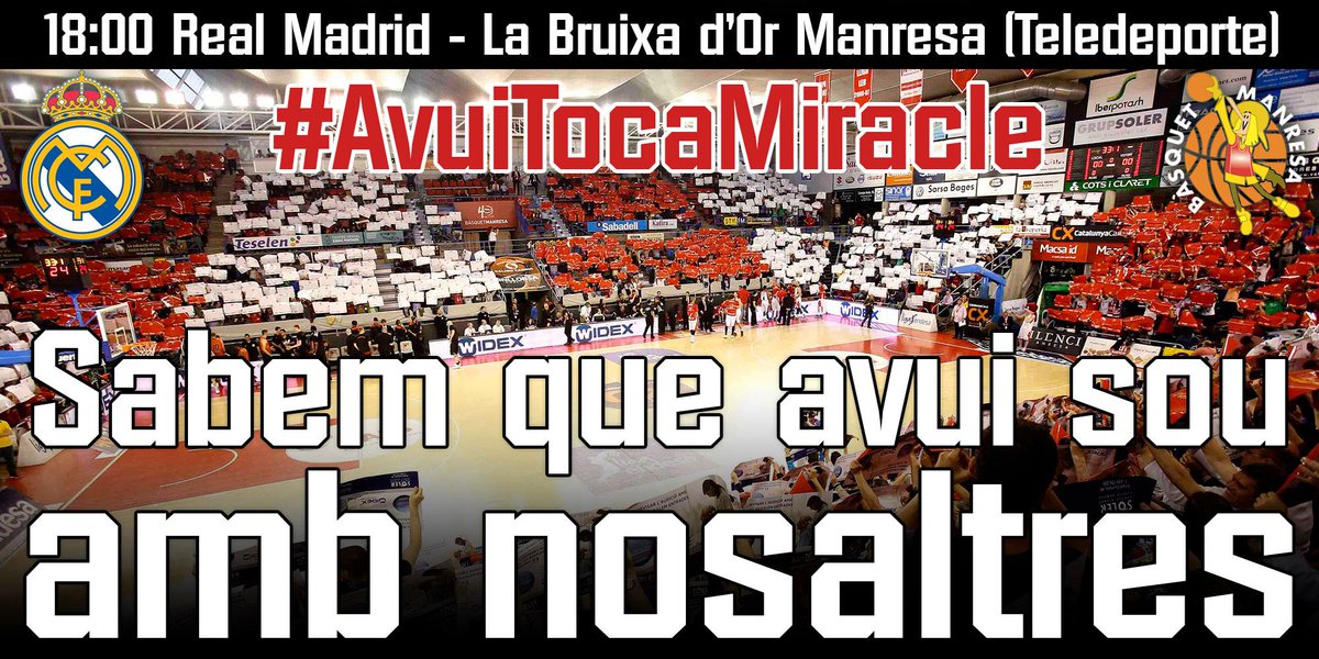 Falten 10 hores pel partit.
Avui, a les 18:00, <a href="/RMBaloncesto/">Real Madrid Basket</a> - La Bruixa d'Or #Manresa.
#AvuiTocaMiracle