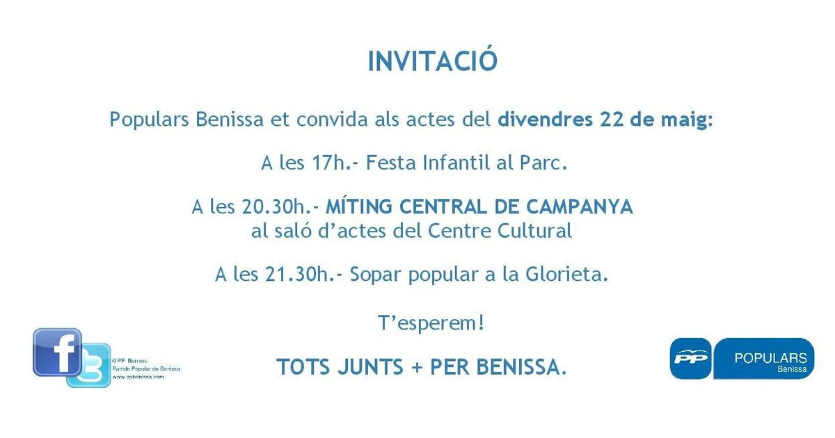 PP_Benissa's tweet photo. @PP_Benissa informa que els actes de campanya de Populars Benissa queden ajornats per a aquest divendres. http://t.co/REMXxcrqEh