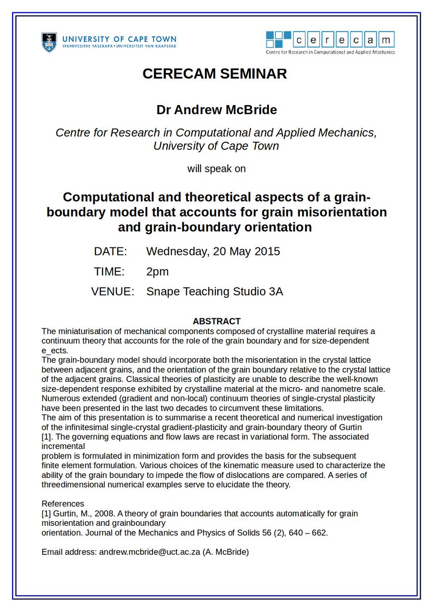 CERECAM_UCT's tweet photo. Seminar: Andrew McBride, 20 May, 2pm, Snape Teaching Studio 3A http://t.co/lFhp1yyDoM