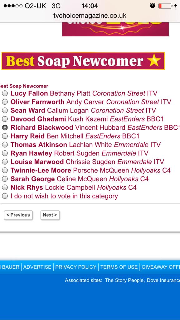 MissNotNice83's tweet photo. Just voted Richard Blackwood #BestNewcomer #Vincent #Eastenders #TvSoapAwards @RBcomedian http://t.co/9MjmG0M9ST