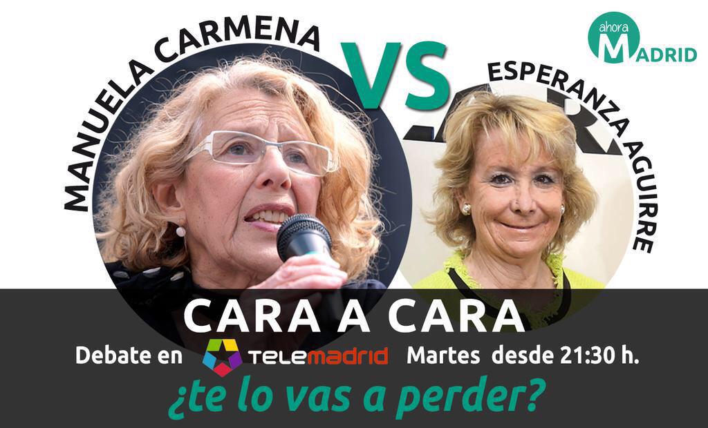 RT: Hoy, 21:30 de la noche CARA A CARA en <a href="/telemadrid/">Telemadrid</a> entre <a href="/ManuelaCarmena/">Manuela Carmena</a> VS <a href="/EsperanzAguirre/">Esperanza Aguirre</a> #SomosManuela #MconM