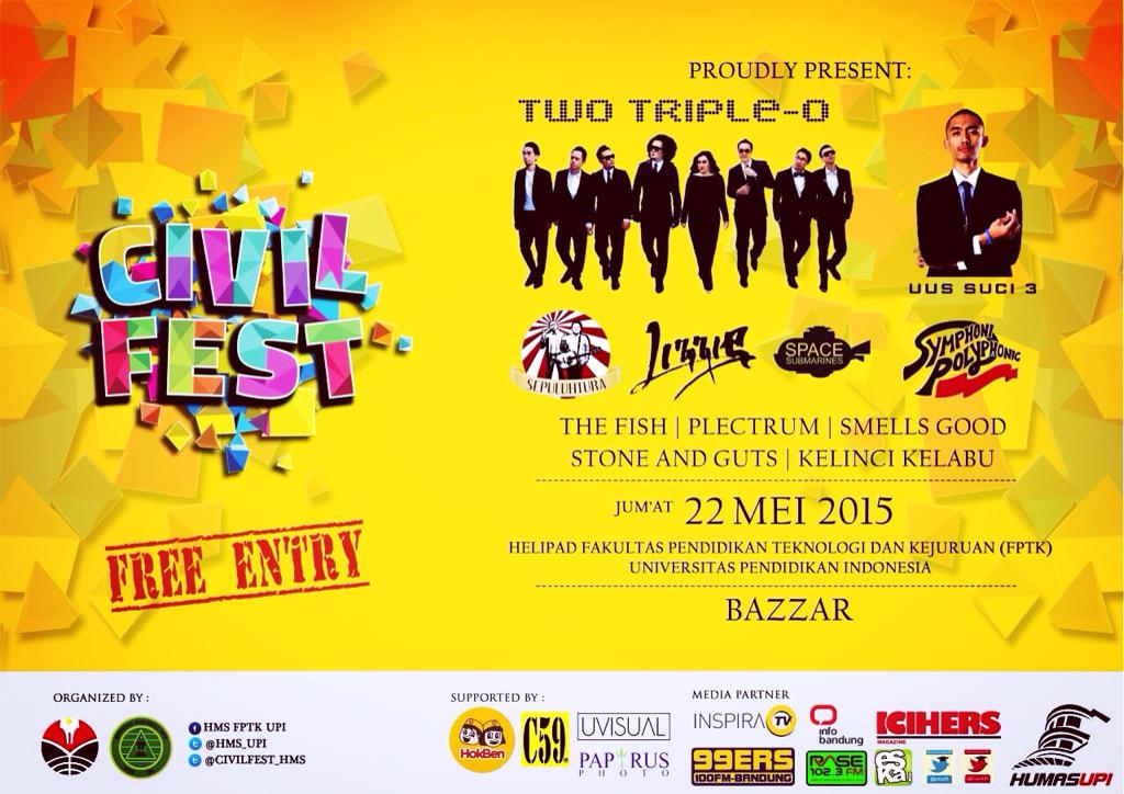 CIVIL FEST Music &amp; Bazzar
Friday, 22 May at FPTK UPI
Two Triple O | uus | Sepuluhtura | Info <a href="/CIVILFEST_HMS/">CIVIL FEST</a>