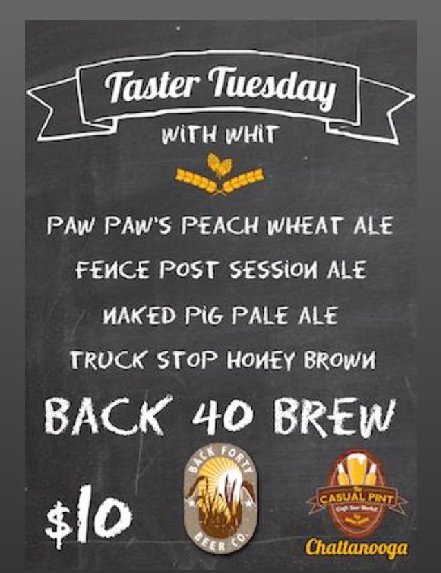 tcpchatt's tweet photo. #Taster_TUESDAY with @irish_wit &amp; @Back40tweets starts at 7pm! #FeaturedBrewery #CraftNooga http://t.co/jdANa3APVW