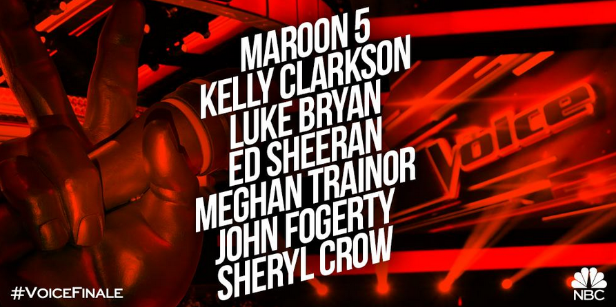 NBCTheVoice's tweet photo. RT because tonight's #VoiceFinale guest list is insane in the membrane. http://t.co/h3cWmzhYdB