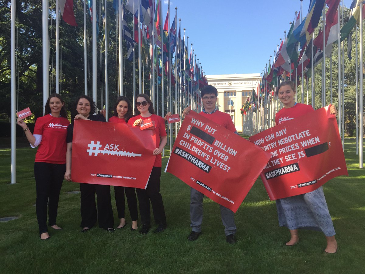 MSF_access's tweet photo. Our team at the #WHA68 We hope more countries will stand up for lower vaccine prices at this year’s WHA. #AskPharma http://t.co/Ti4s0l8R1d