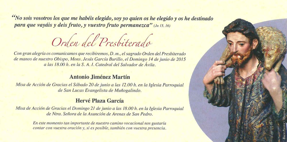 SeminarioAvila's tweet photo. Os Invitamos a la Ordenación Sacerdotal de los #Seminaristas Hervé y Antonio domingo 14 junio http://t.co/RpRFB9bW56 http://t.co/vw0H3ZrcYV