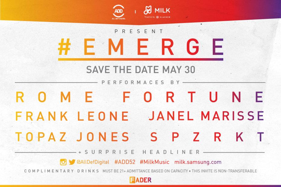 .<a href="/romefortune/">Romey Fortune</a> to play <a href="/SamsungMobileUS/">Samsung Mobile US</a> and <a href="/AllDefDigital/">alldefdigital</a>’s #Emerge. *Save the date* thefader.com/2015/05/19/sam…
