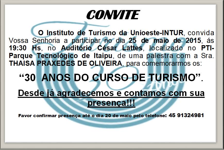 intur_'s tweet photo. Comemoração de 30 anos do curso de Turismo Unioeste !!
dia 25 de maio as 19:00 no PTI. http://t.co/SIUYza5l2r