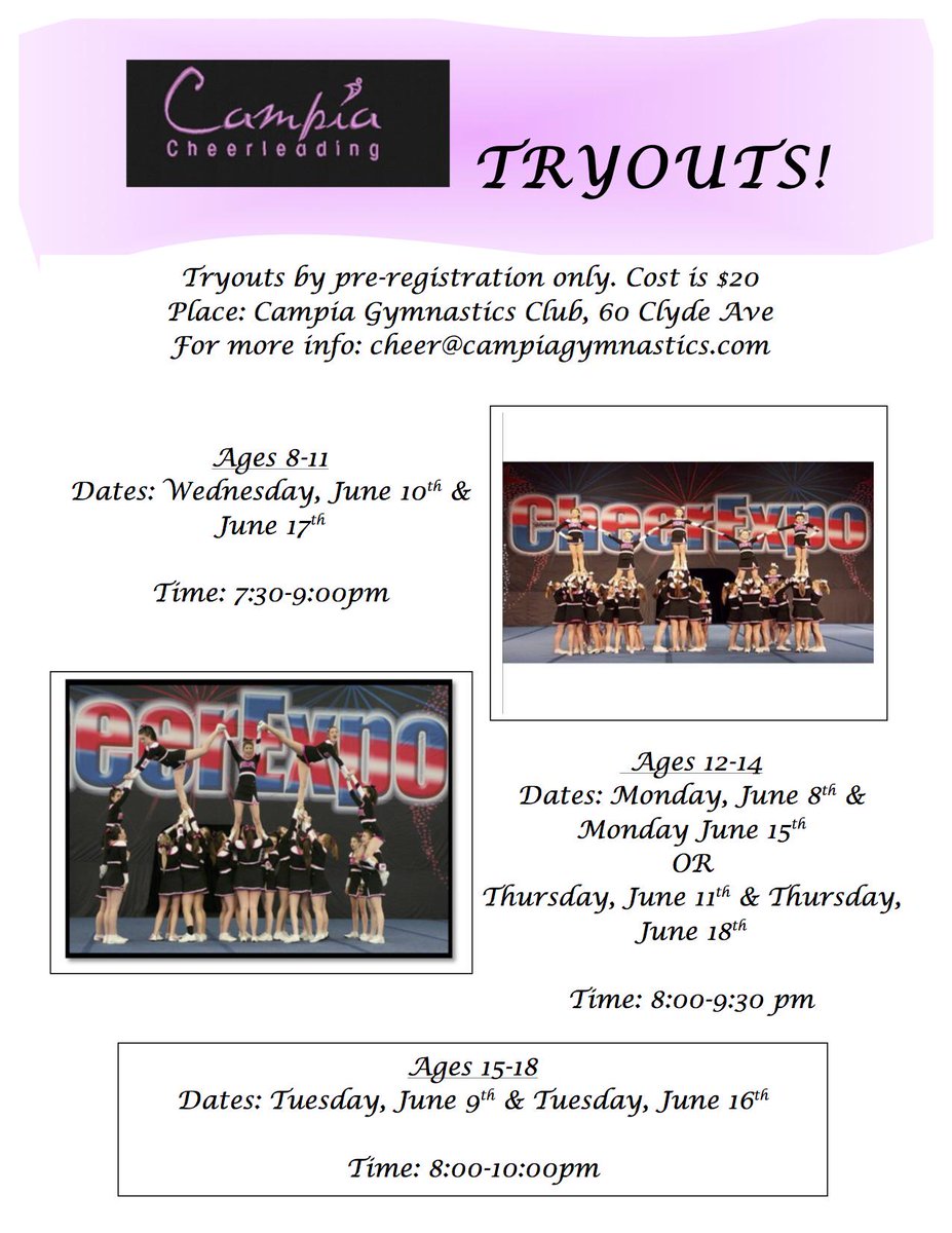 campiagym's tweet photo. Interested in trying out for @campiagym's Cheerleading Team? #campiacheer http://t.co/CRkawRhdzh