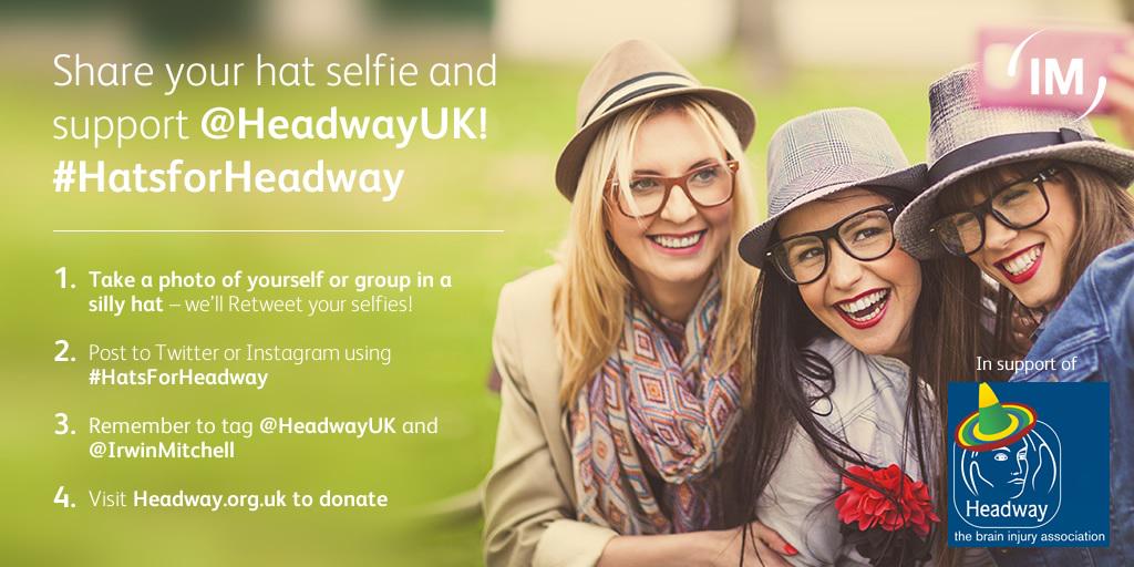 irwinmitchell's tweet photo. #HatsforHeadway is tomorrow! Will you be joining in the fun? @HeadwayUK! http://t.co/kjzDbqiA7n  #ABIWeek http://t.co/xX21MZ7JNy