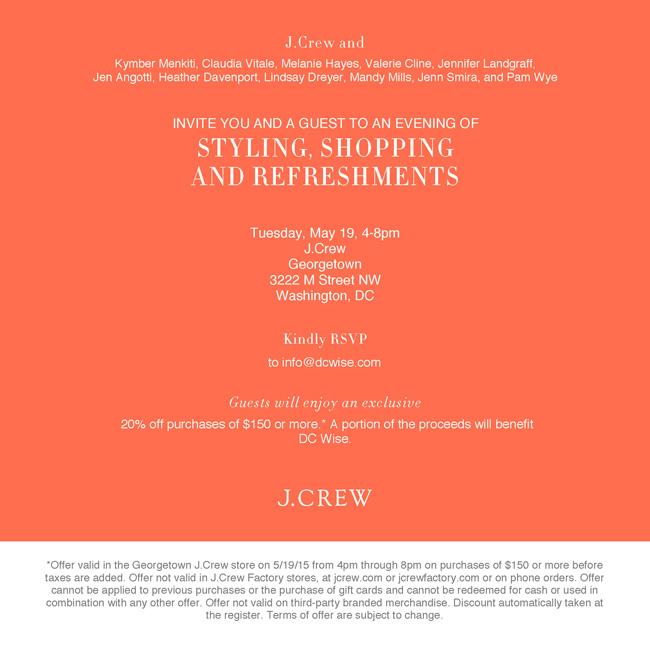 dcwiseorg's tweet photo. the dc wise + j. crew event is tonight from 4-8pm.  we hope to see you there! #dc #charity http://t.co/3KDoKjHTjv