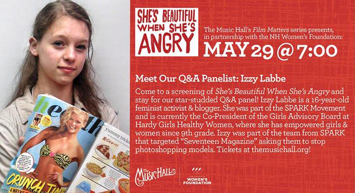 NHWomensFndn's tweet photo. 16yr.old feminist activist Izzy Labbe is a panelist at the #SBWSA screening on May 29! $10Tix: http://t.co/X90IQSD7o9 http://t.co/nSp2AhYxhZ