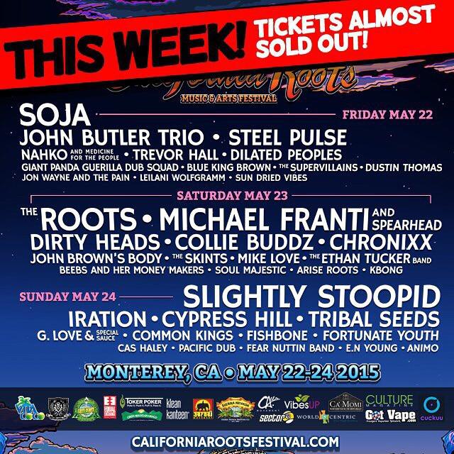 SOJALive's tweet photo. Tickets are selling fast!
Tickets & info: http://t.co/aDw7yGiUPU
(link in their bio: @calrootsfest)
#roadtoc… http://t.co/wyMQJXHqXp