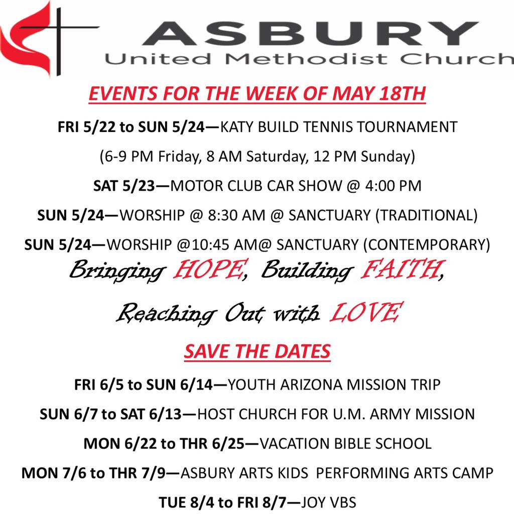 Join us at Asbury and in the community this week for the Katy Build Tennis Tourney, Motor Club Show and Worship!