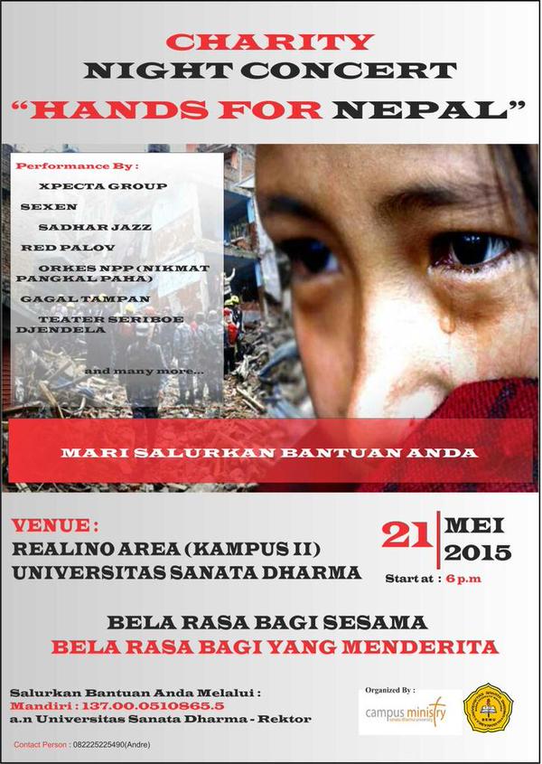 Charity Night Concert "Hands For Nepal" | KAMIS, 21 MEI Pukul 18.00 | Panggung Realino, Mrican|FREE <a href="/DPMF_FarmasiUSD/">DPMF Farmasi USD</a>