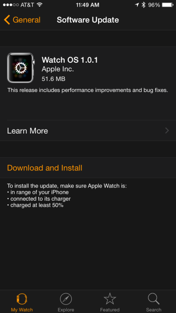 AppleWatchGuy's tweet photo. Apple Watch OS update (1.0.1) is now available! http://t.co/r0QMmyOErD