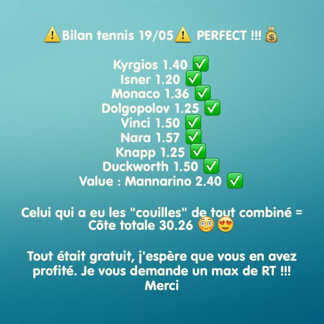 OwlPronos's tweet image. ⚠️Bilan tennis 19/05⚠️ RT ! RT ! RT !

Bon ben c'est un PERFECT !!! 😳😍💰

Je veux un max de RT !!! Merci...