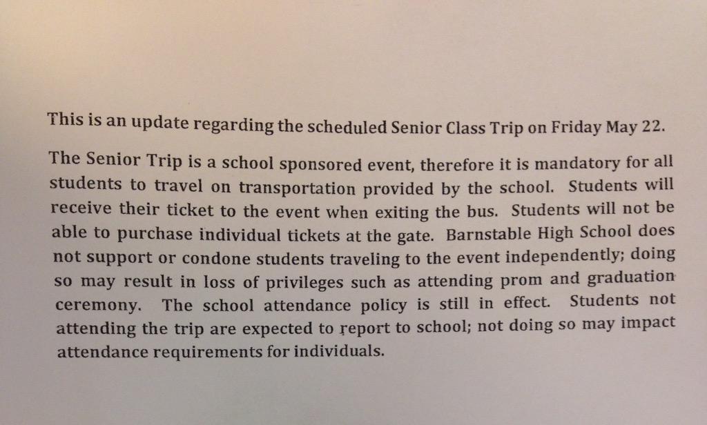 Barnstable2015's tweet photo. IMPORTANT UPDATE ABOUT SENIOR TRIP: http://t.co/nzU4a0CLWv