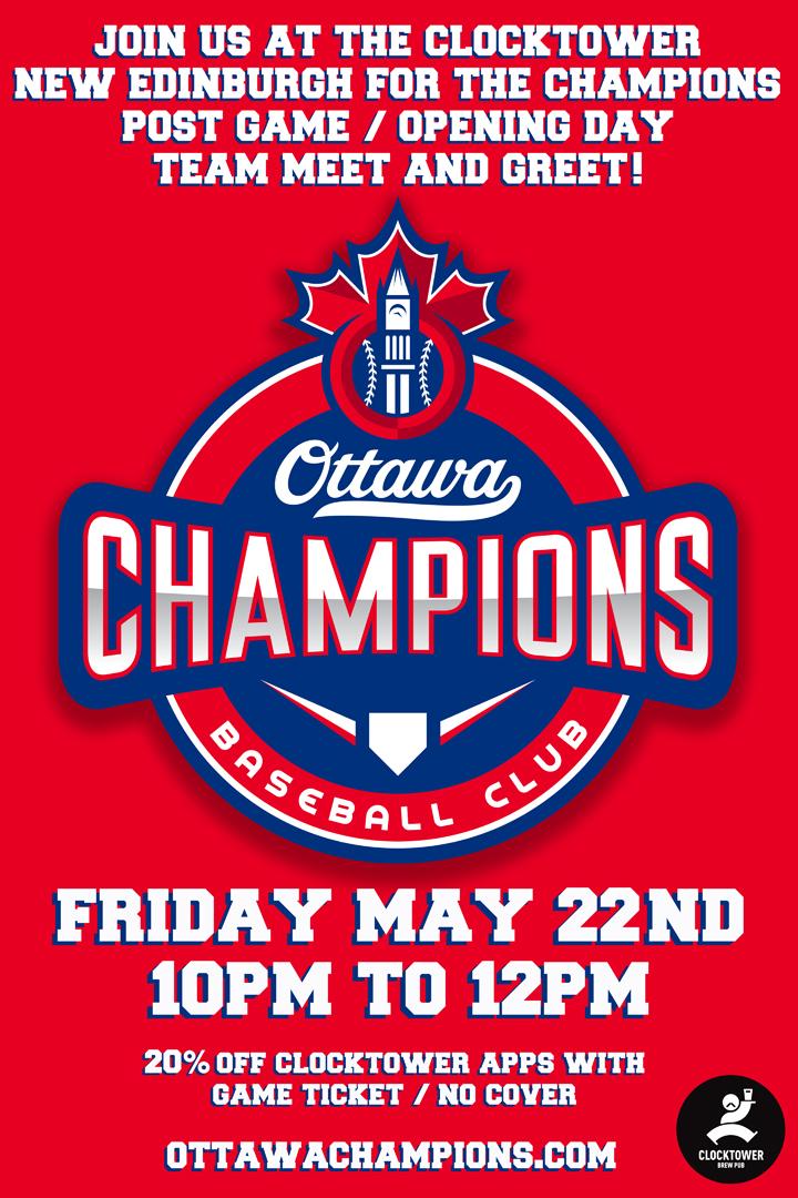 The_Clocktower's tweet photo. Join us Friday Night @RCGT Park for @OttawaChampions Opening Day &amp; a post game Team #MeetandGreet @ CT #NewEdinburgh! http://t.co/s0pc74qp0z
