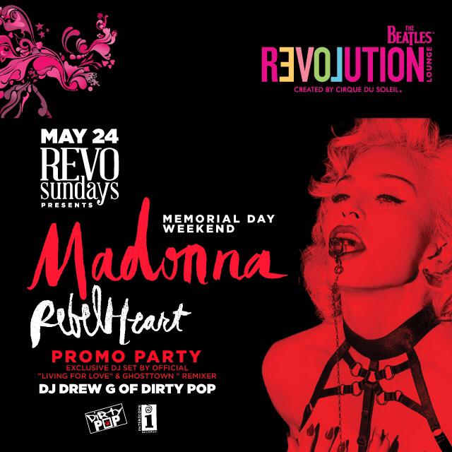 RevoSundaysLV's tweet photo. THIS SUNDAY: see an exclusive DJ set by @DjDrewG promoting his remixing efforts on @Madonna's "Rebel Heart" album! http://t.co/ivQPu466at