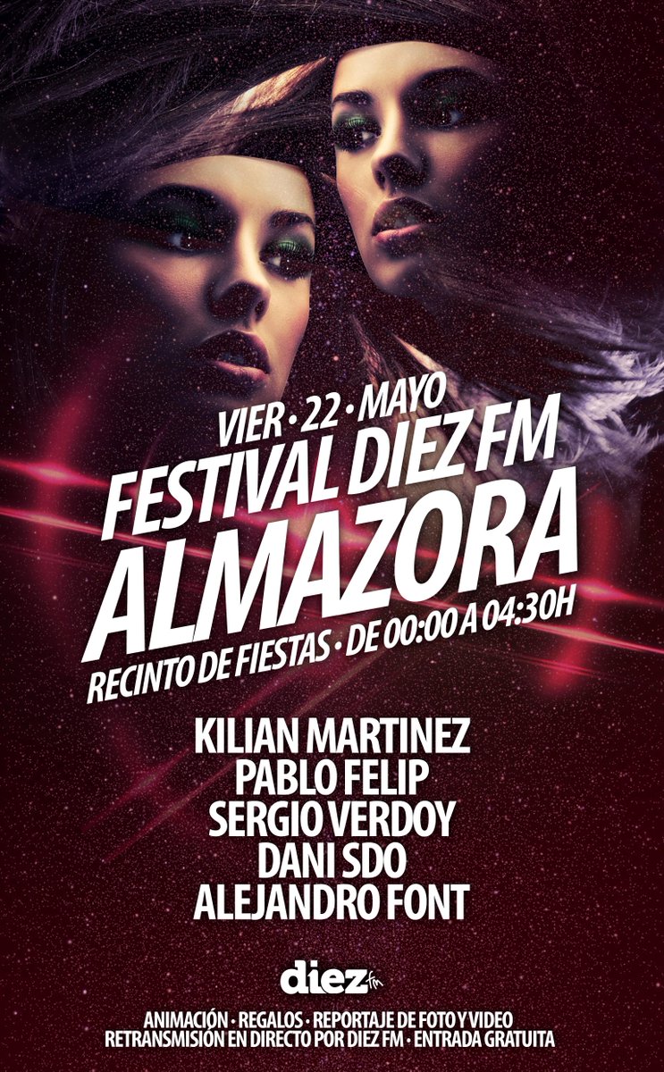DiezFm's tweet photo. Este viernes 22 #FestivalDiezFm #Almazora (Recinto De Fiestas) @sergioverdoy @Kilian_Martinez @pablofelipdj y mas! http://t.co/YTve1raMn0
