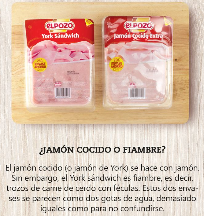 consumidores's tweet photo. Jamón cocido lleva jamón. York sándwich es fiambre=trozos de carne+féculas. Quieren que no se note  #EtiquetasTrampa http://t.co/ZKJuhq6WKF