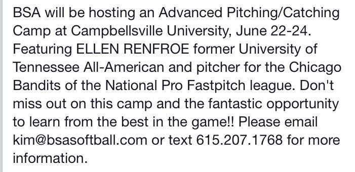 BSA will be hosting an Advanced Pitching/Catching Camp, featuring ELLEN RENFROE, Univ. of Tennessee All-American!
