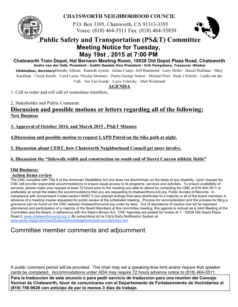 Public Safety and Transportation Committee Meeting tonight at the Chatsworth Train Depot @ 7pm