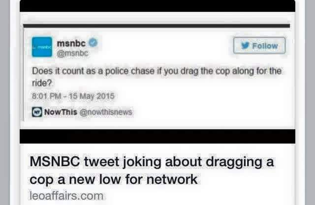 FighterFiveOhhh's tweet photo. Boycott @msnbc for their obvious hatred of law enforcement! Not every war is fought on foreign soil, support police! http://t.co/nNnPw2EWMU