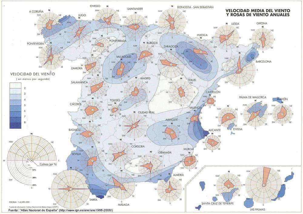 Comité Sufijo Esta llorando José Miguel Viñas en Twitter: "Mapa climatológico de vientos (velocidades  medias y rosas anuales). Fuente: Atlas Nacional de España del @IGNSpain  http://t.co/2jFH2eq6zv" / Twitter