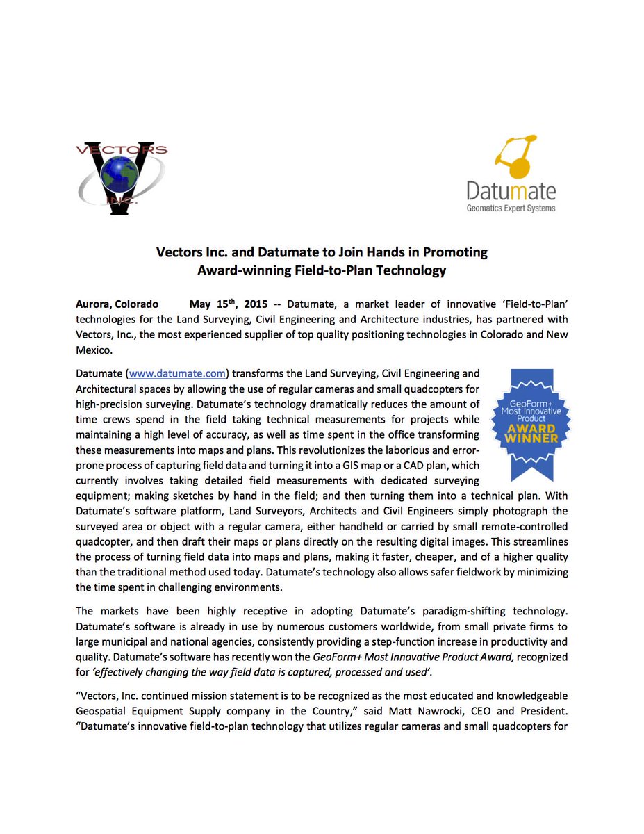 VectorsInc's tweet image. BIG NEWS!! Vectors Inc. and #Datumate to join hands in promoting award-winning field-to-plan #technology!