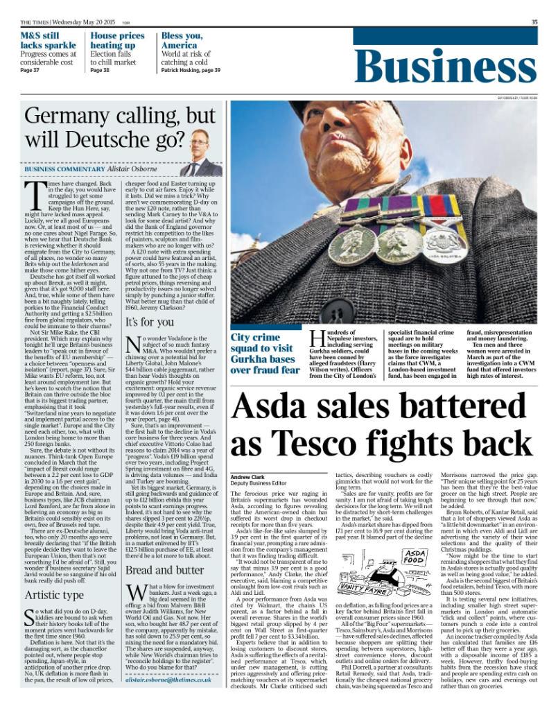 Tomorrow's <a href="/TimesBusiness/">Times Business</a> front: Asda sales battered as Tesco fights back
