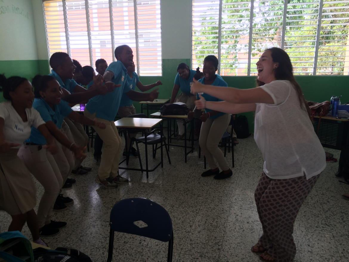 ProfJenCollins's tweet photo. Maggie rallying the troops-Teaching is so much fun! #jbip2015 @QueensAbroad http://t.co/GBfwUxuJ1q