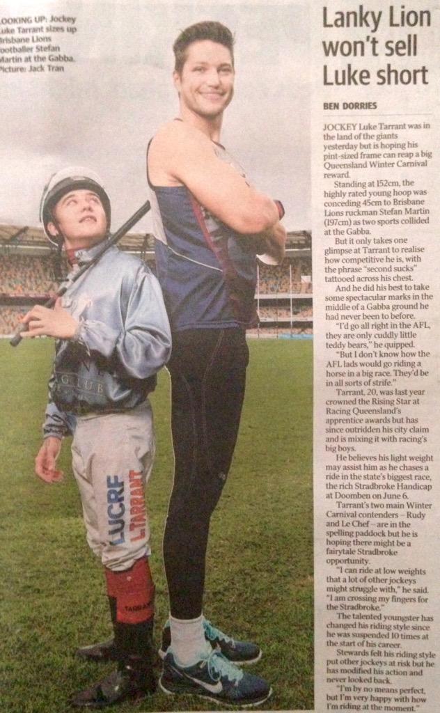 SteeleTallon's tweet photo. Great to have @Ltarrant94 at the Gabba with Stef to help promote the @BrisRacingClub Winter Carnival @Dorries_cmail http://t.co/h7EfGMPcnj