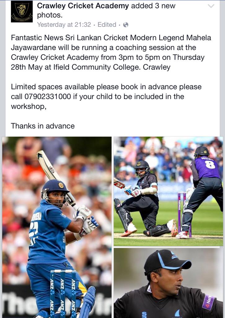 CrawleyCricACA's tweet photo. @MahelaJay will be at @CrawleyCricACA #Crawley tomorrow get in touch please RT http://t.co/74e1SyKggo