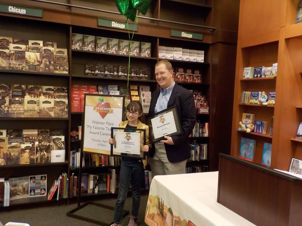 Isabella won a Barnes & Noble writing contest with an essay about her favorite teacher, Mr. Harlan! Congratulations!!