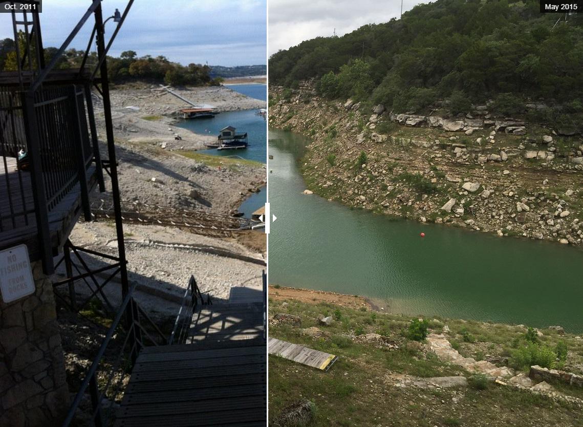 Before and After: Look at Lake Travis today after #atxfloods compared to mid-drought atxne.ws/1chgAFy