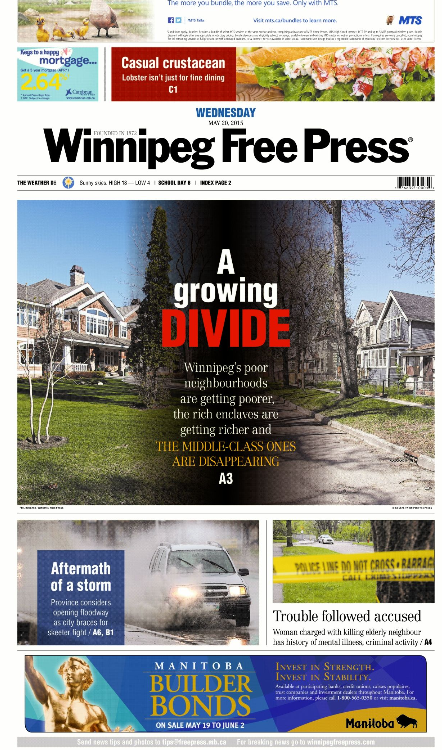 WinnipegNews's tweet photo. A growing divide on Wednesday's front page: http://t.co/HWzCHGd4mb
