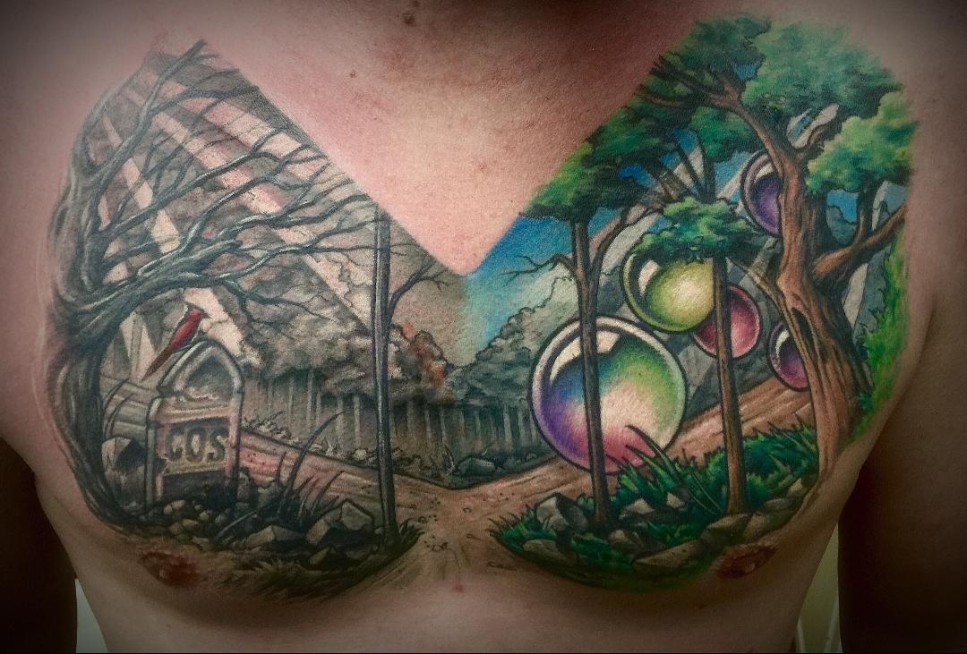 mellow_costello's tweet photo. #TattoosDay ....a fresh chest piece by Jim @redskytattoo http://t.co/nHsAJ2He28