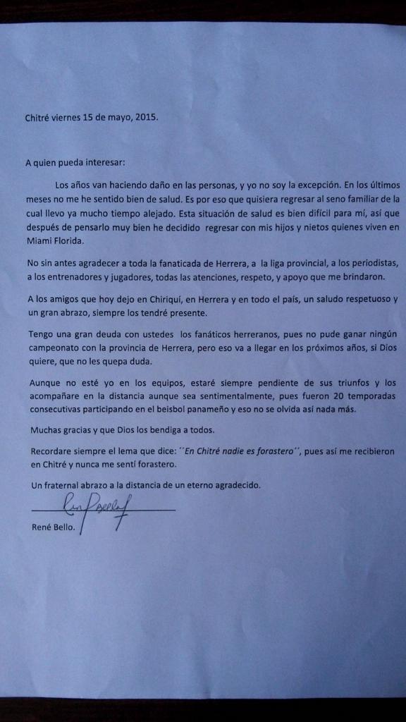 EliasGRpc's tweet photo. Esta es la carta con la q se despide mi buen amigo Rene Bello, Dios lo bendiga hermano http://t.co/ze2Rb7HjVU