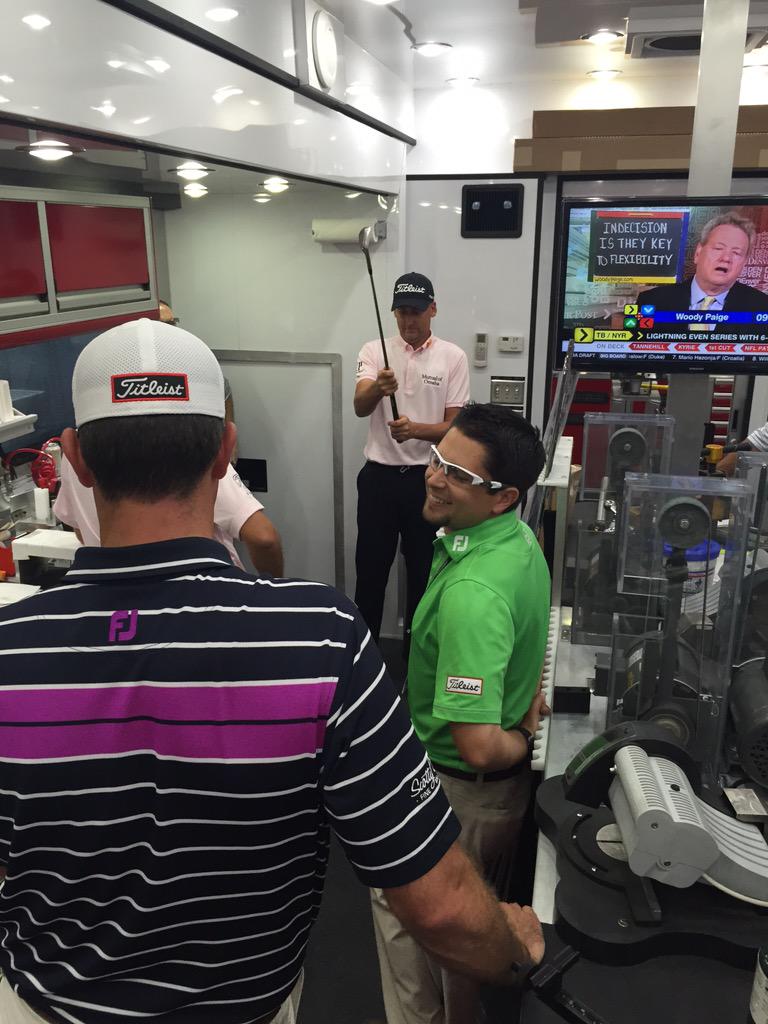 IanJamesPoulter's tweet photo. Rain delay work on the @Titleist Tour truck. Few re-grips. And @periscopeco to show you all inside @TitleistonTour http://t.co/0lmhyg4ilO