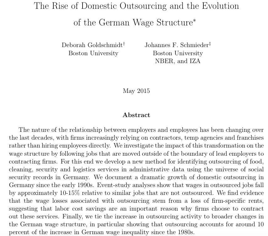 Important new paper shows service outsourcing ↓ wages, ↓ worker rents, and ↑ wage inequality. bit.ly/1PVaUy1
