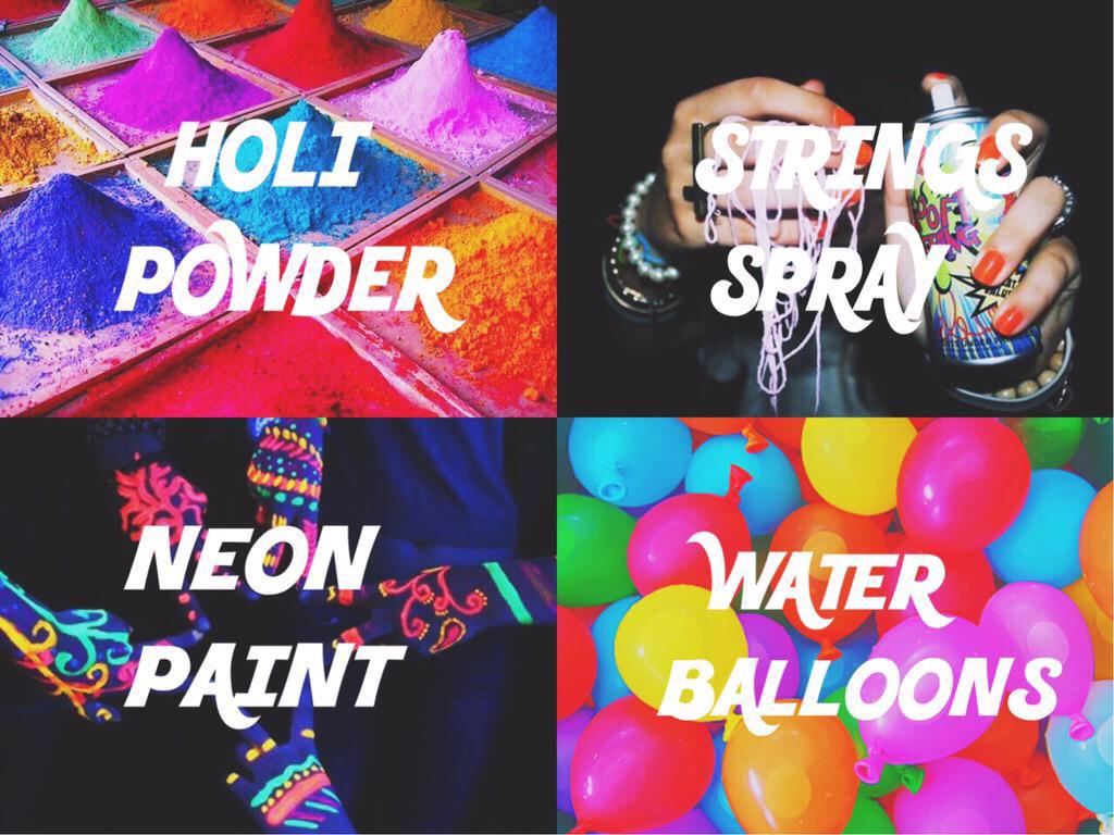 Imperium2015's tweet photo. HOLI POWDER, STRINGS SPRAY, NEON PAINT, & WATER BALLOONS! ARE YOU GUYS READY FOR THIS TOMORROW? #IMPERIUM2015 http://t.co/BSZd4PzTTZ